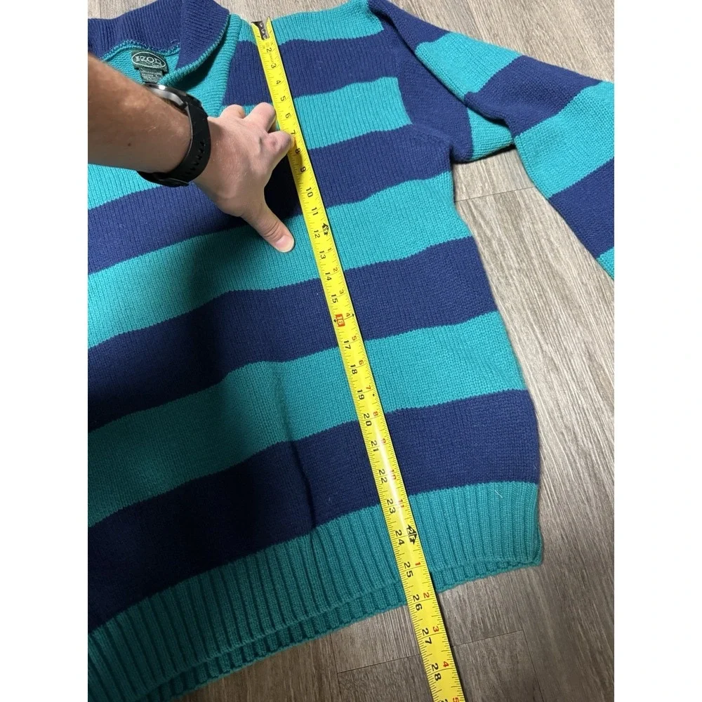 Vintage IZOD‎ Sweater Mens L Lambswool Pullover 1/4 Button Striped Green Preppy - Picture 3 of 4